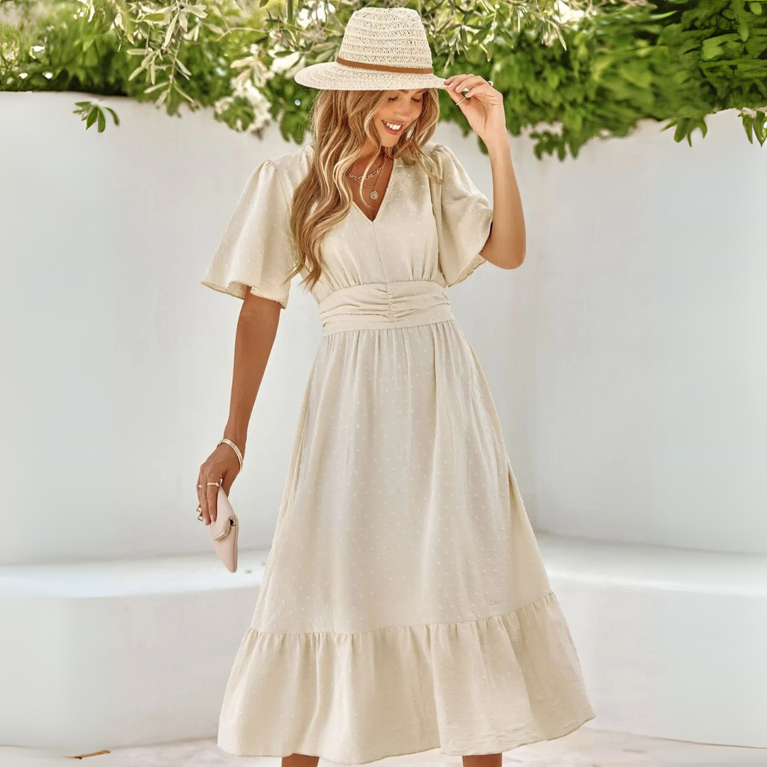 Renee | Robe midi avec décolleté en V et manches courtes