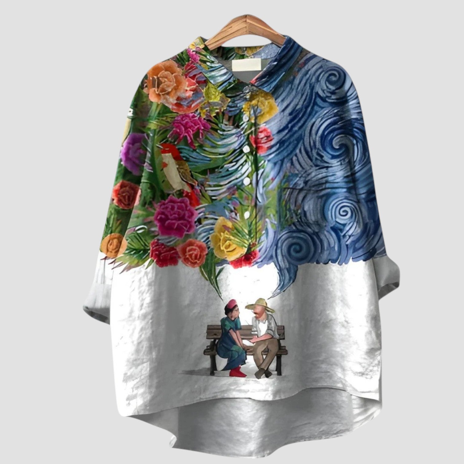 Ginevra | Chemise oversize avec scène illustrée et fleurs peintes