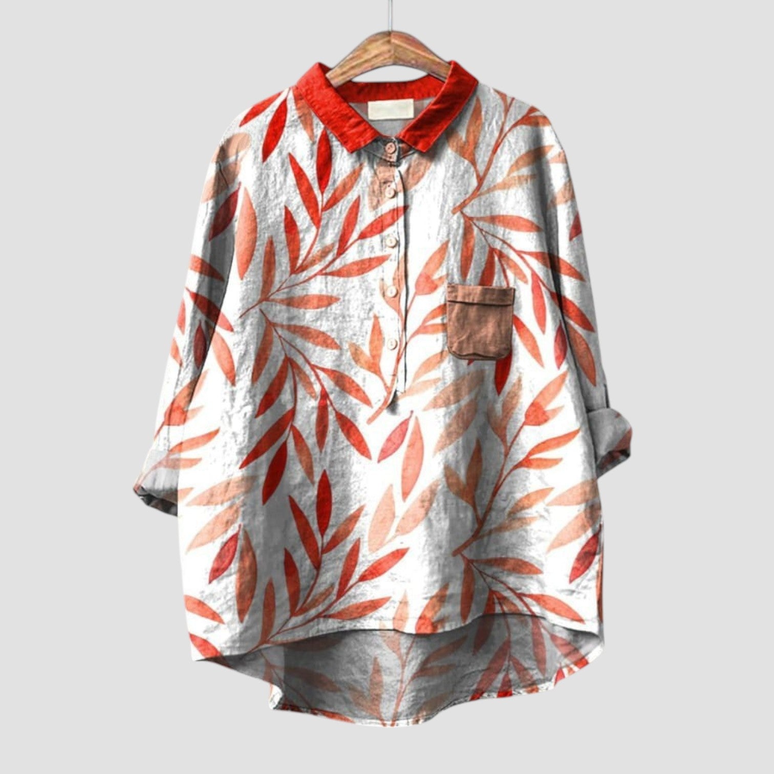 Marcella | Chemise oversize à motif feuilles rouges et beiges