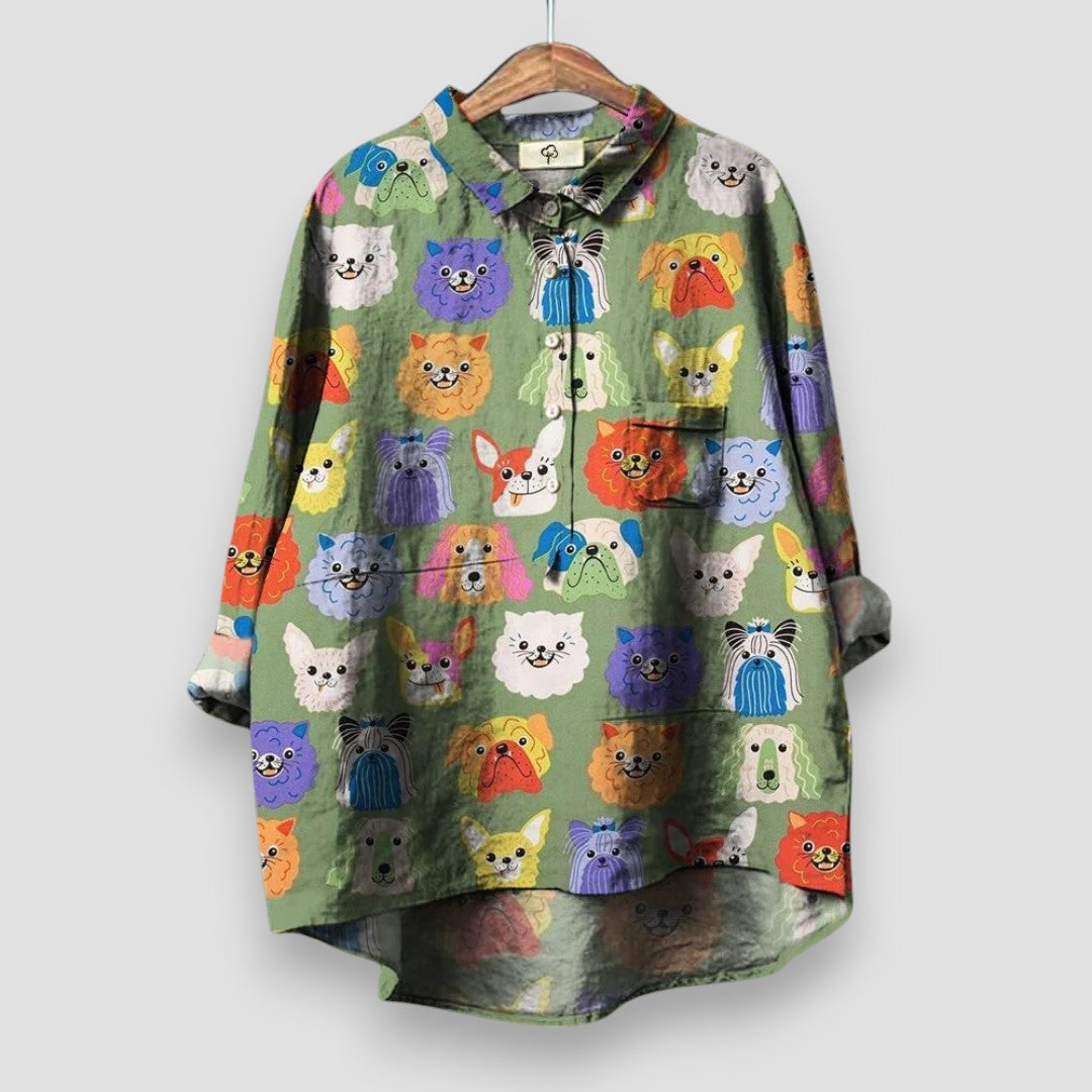 Palmira | Chemise oversized avec motifs de têtes de chiens multicolores