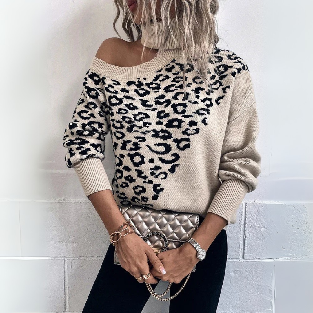 Nuria | Pull en jersey à imprimé léopard avec épaules dénudées