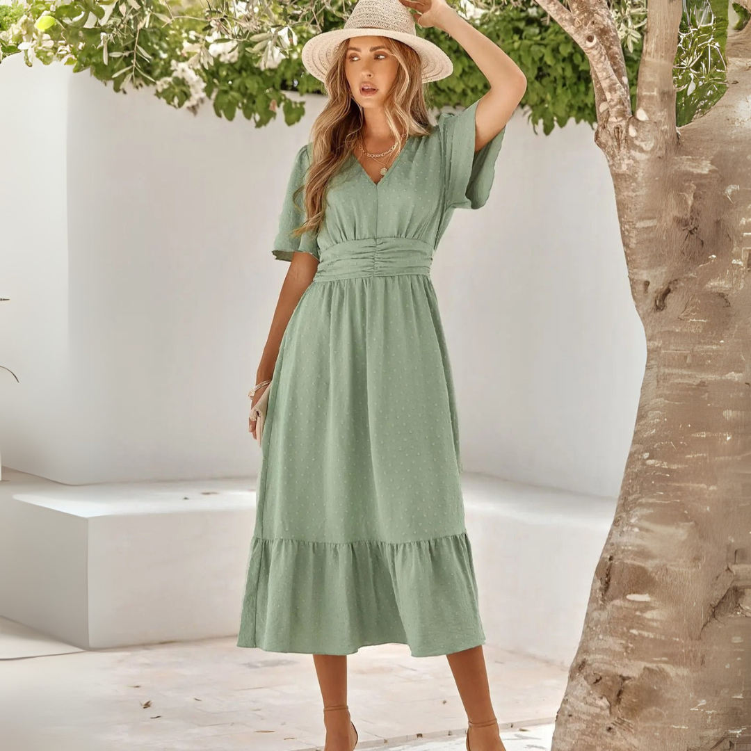 Renee | Robe midi avec décolleté en V et manches courtes