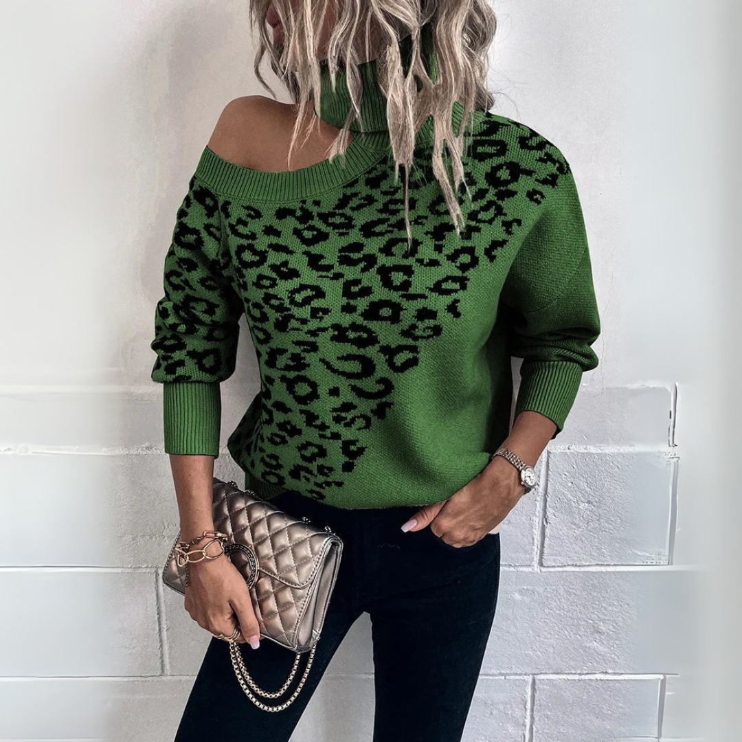 Nuria | Pull en jersey à imprimé léopard avec épaules dénudées