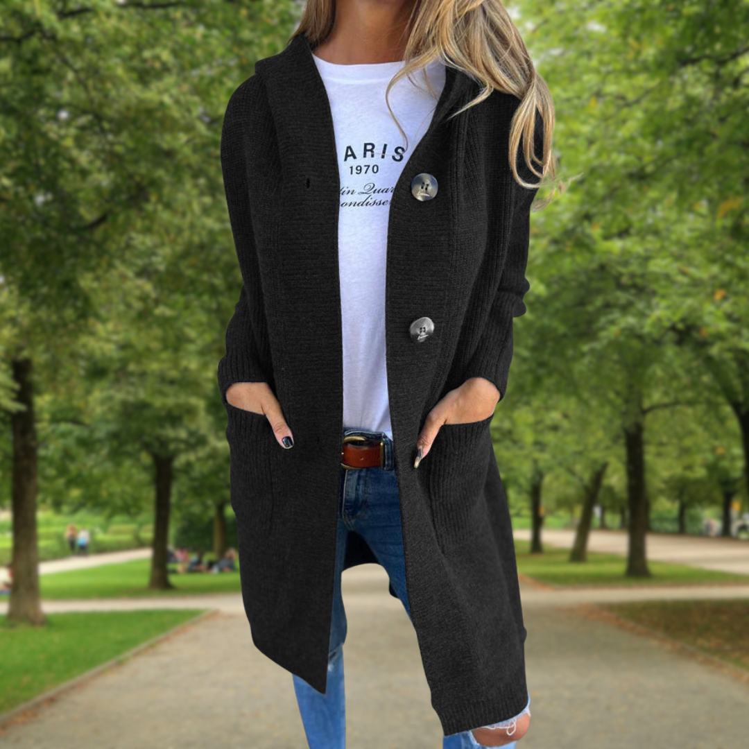 Élodie | Gilet long à capuche et gros boutons