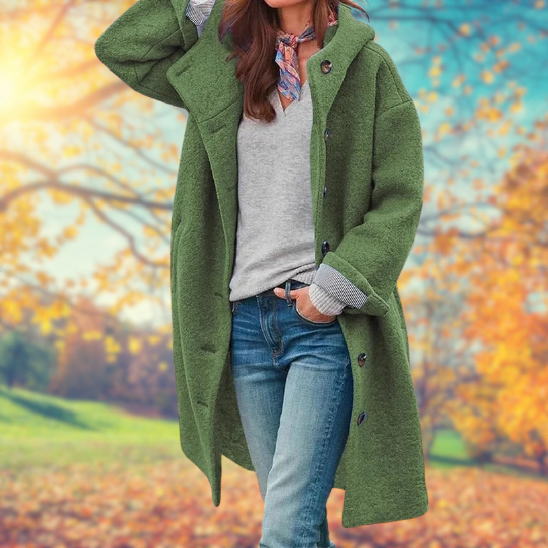 Françoise | Manteau long à capuche femme avec boutonnage frontal