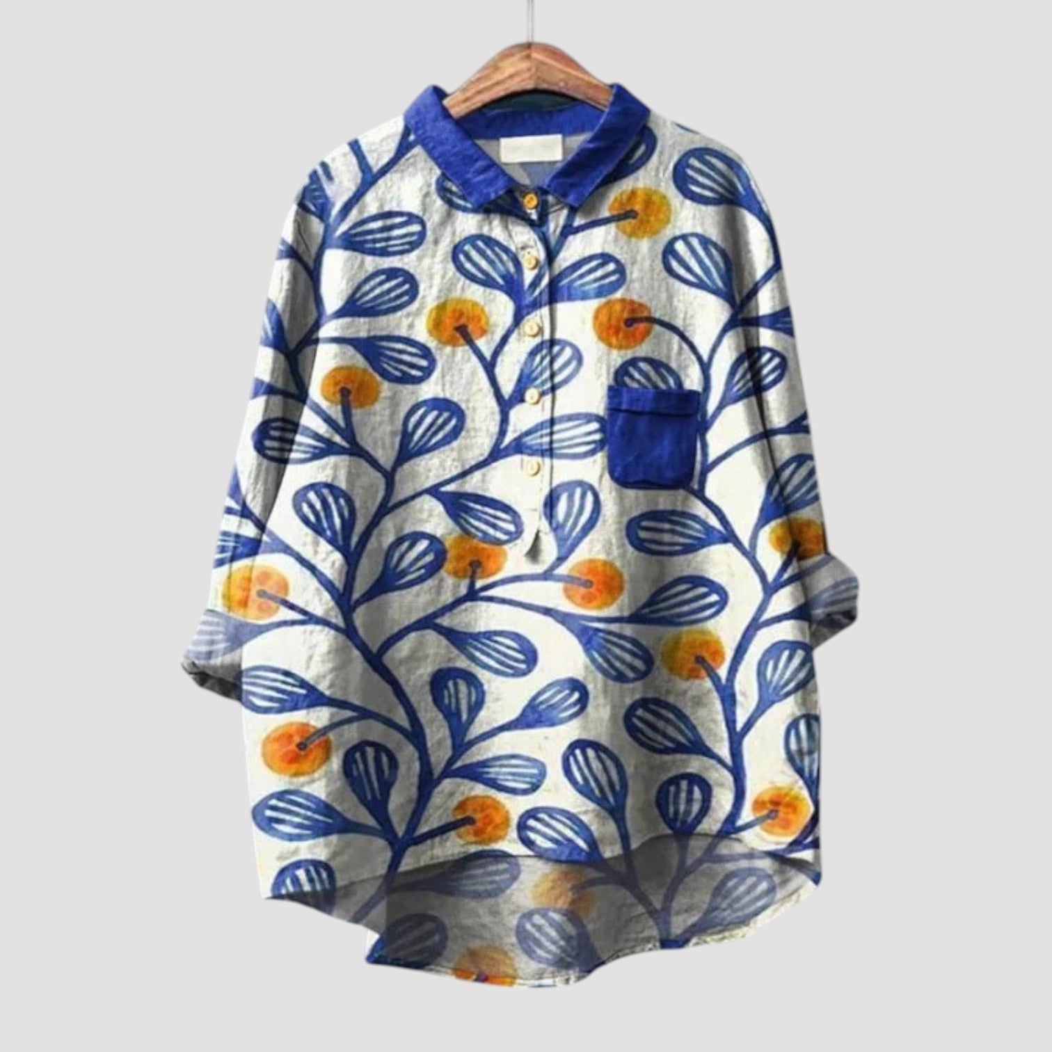 Clarissa | Chemise oversize à motifs feuilles en bleu et jaune
